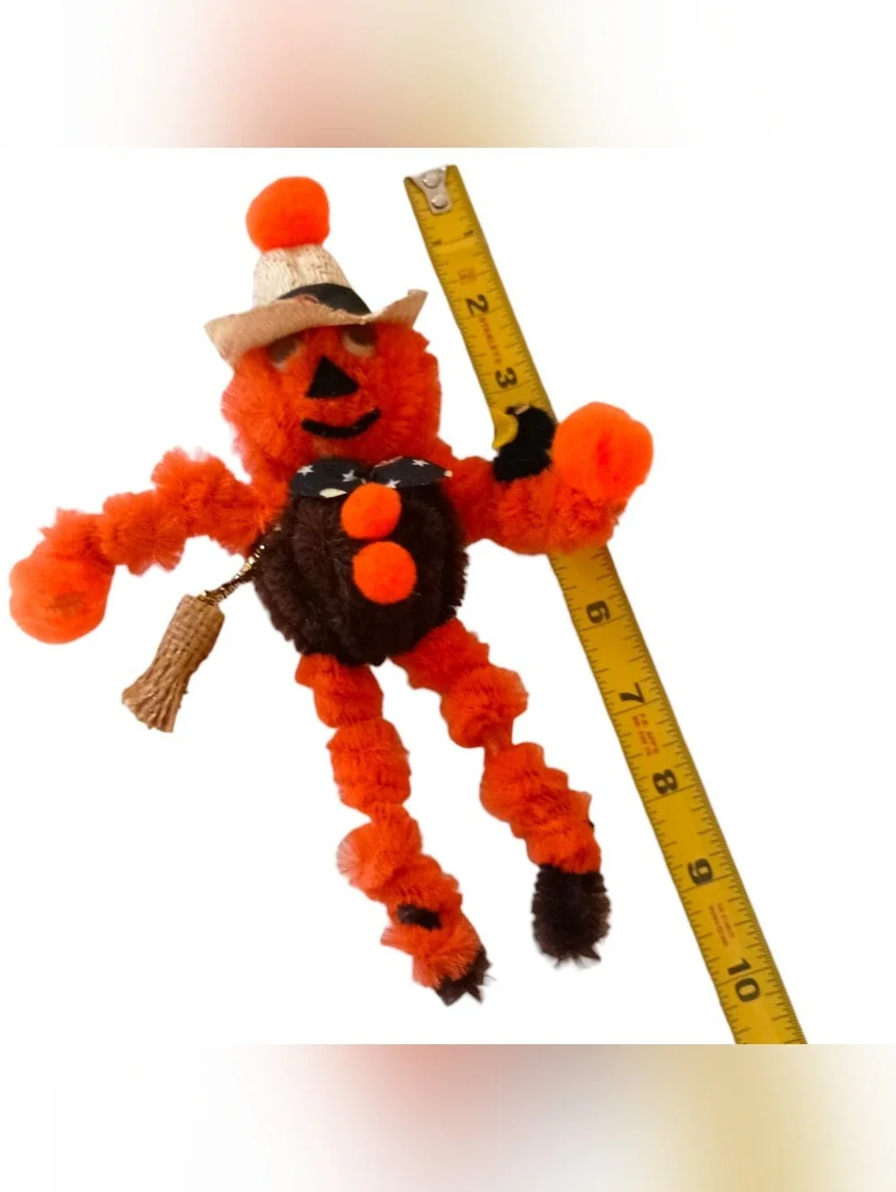 Vtg 70s Pumpkin Halloween Magnet Chenille Pipe Cleaner Scarecrow Googly Eyes